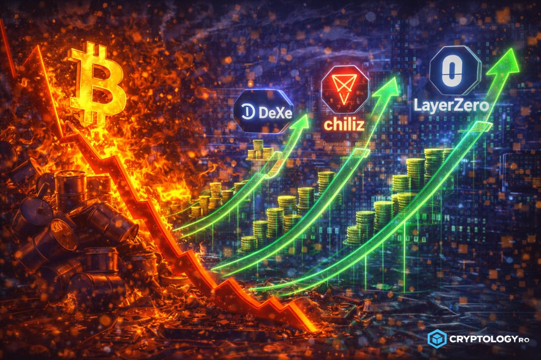 DeXe, Chiliz și LayerZero urcă, în timp ce Bitcoin e apăsat de scumpirea petrolului